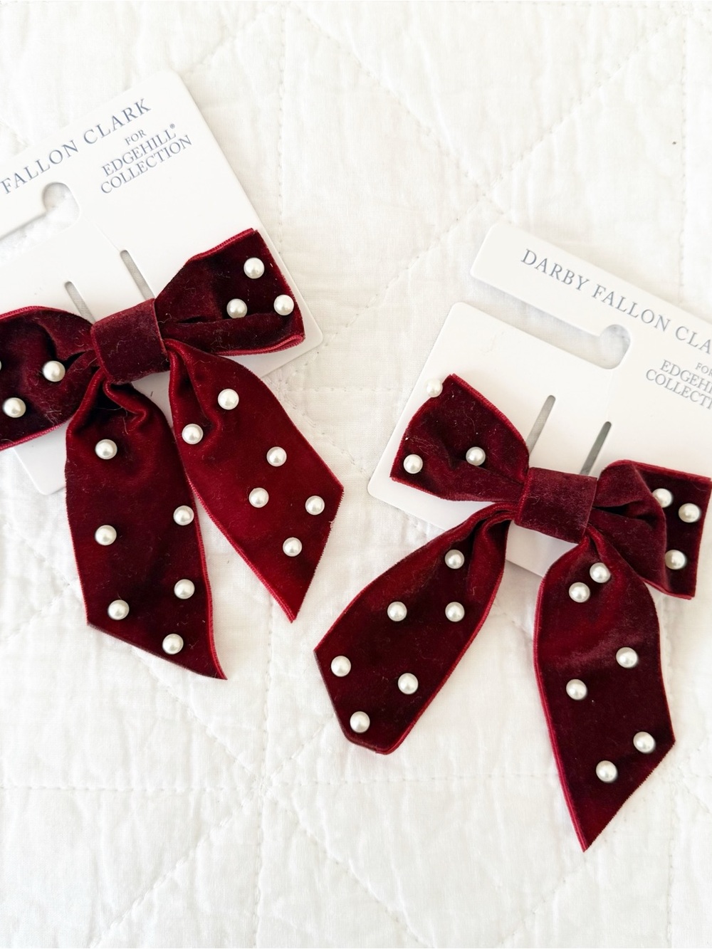 NEW Darby Fallon Clark for Edgehill Collection Burgundy Velvet Pearl Bow Clips